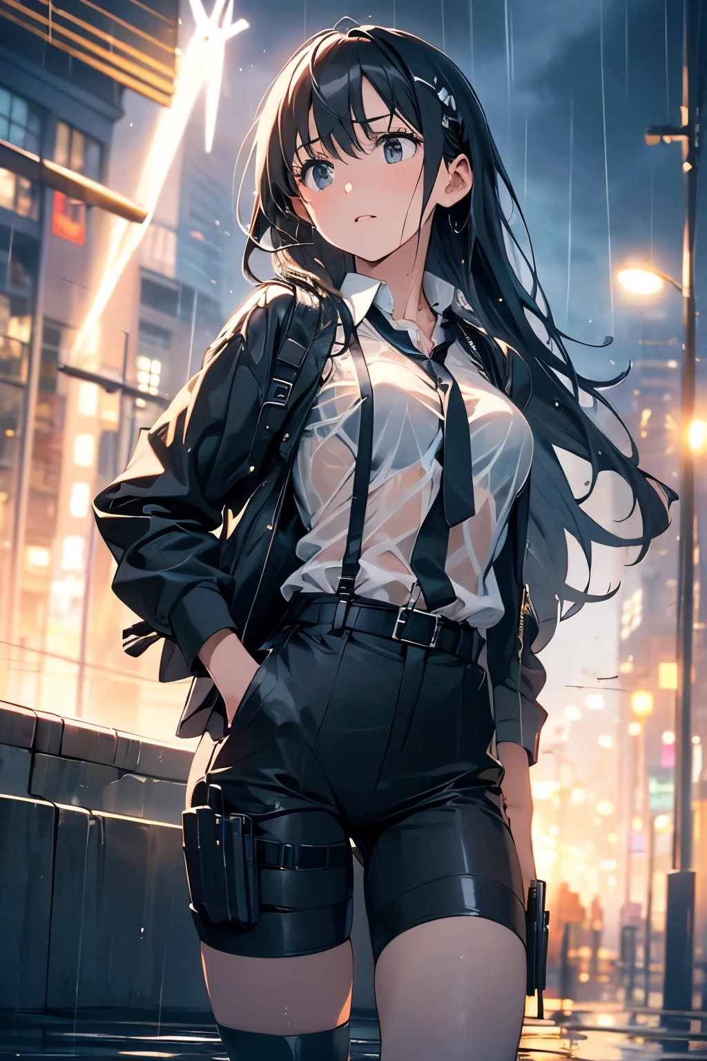 1 female, , high quality, masterpiece, Ultra-high resolution, , Cinema Lighting, , , And the suspenders with the cranes flying Large Breasts Small face holster Lying in bed Looking up Sweat belt summer 脇Sweat Black Hole Gloves suit shirt Black jacket Black trousers Leg Links ズボンにbelt holster Hands behind your back Anxious expression Looking up Anxious face, legs apart Armament Cable ties レッグholster holster See-through clothing heavy rain Getting wet in the rain