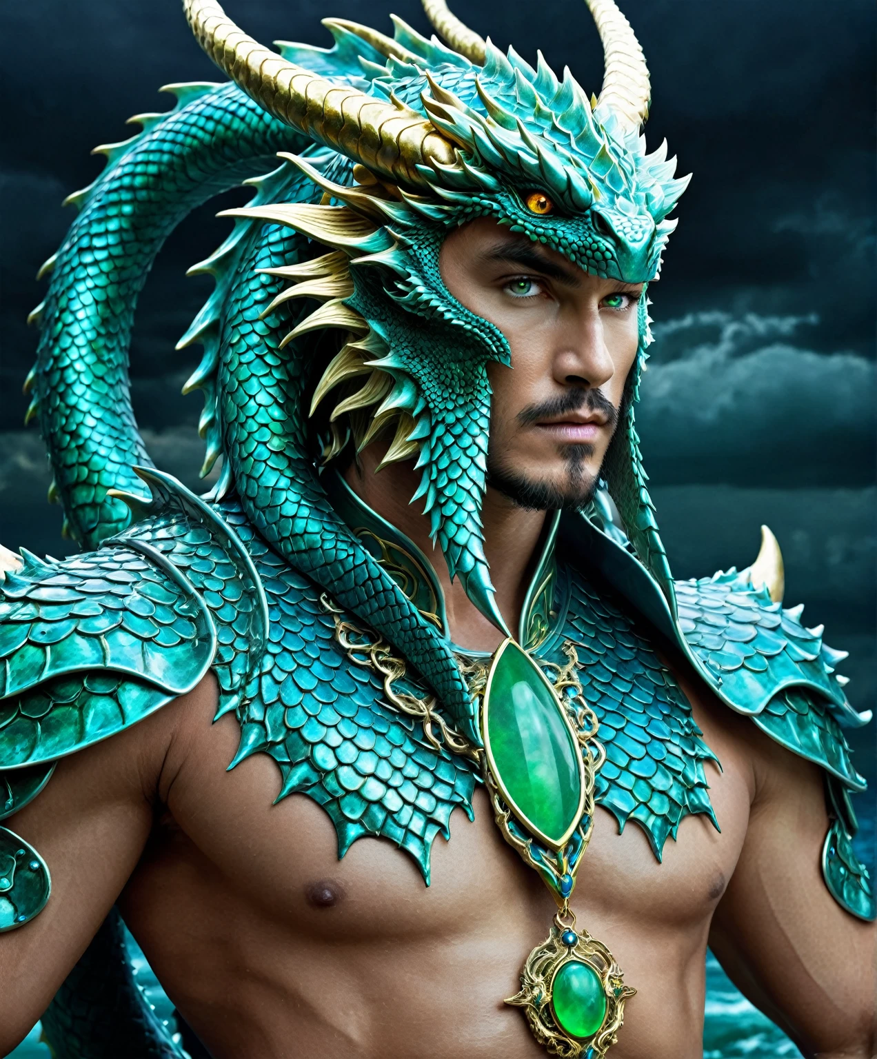 A majestic dragon king emerges from a tempestuous sea, his imposing figure dominating the frame. His flowing, iridescent hair cascades down his shoulders, shimmering with hues of deep blue and emerald green. Piercing eyes, glowing with ancient wisdom and power, seem to stare directly into the viewer's soul. The dragon king's body is adorned with intricate golden armor, masterfully crafted with scales that mimic his draconic heritage. The armor is studded with lustrous pearls and brilliant jade, each gem pulsing with mystical energy. Ornate engravings of waves and sea creatures dance across the metalwork. He stands atop a stormy sea, waves crashing around his feet, creating a swirling vortex of foam and spray. In his right hand, he wields a magnificent trident, its prongs crackling with divine energy that illuminates the surrounding darkness with an otherworldly blue glow. Surrounding the dragon king are colossal sea serpents, their sinuous bodies weaving through the turbulent waters. Enormous whales breach the surface nearby, paying homage to their sovereign. The sky above is a dramatic canvas of storm clouds, occasionally lit by flashes of lightning that highlight the scene's epic scale. The entire image is rendered in hyperrealistic detail as a digital photo, with every droplet of water, scale of armor, and spark of energy captured in stunning clarity. The interplay of light and shadow creates a sense of depth and drama, emphasizing the dragon king's power and the awe-inspiring nature of the scene.