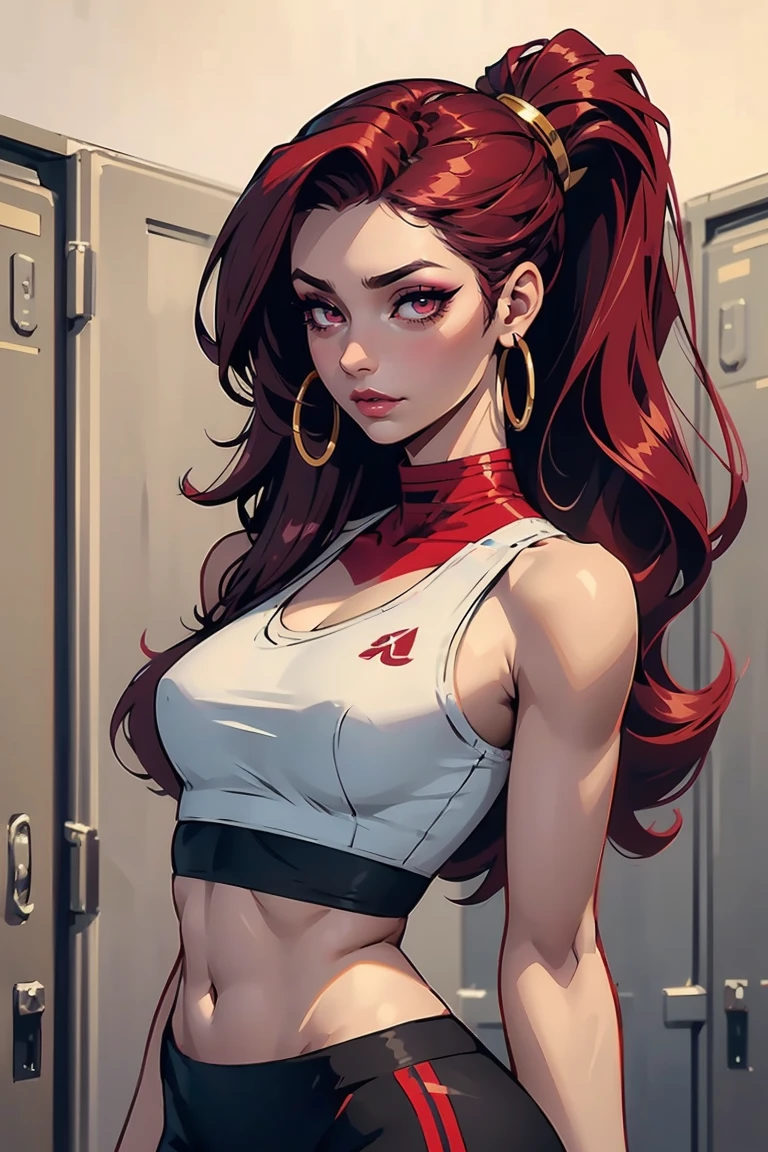 Goddess ((goddess-like woman)), slim, elegant silhouette, masterpiece, best quality, pale skin, fair skin, sweet face, (masterpiece: 1.2, best quality), (real image, intricate details), (1 lady, solo, medium tits, small waist, ), ((Miss Fortune/LOL)), beautiful face, kissable lips, long hair, burgundy hair, wavy burgundy hair, curly burgundy hair, (BURGUNDY HAIR), makeup, lipstick, perfect makeup, realistic face, detailed red eyes, (red eyes) bright red eyes, eyelashes, mouth slightly open, she has an impressive presence, gold bracelet, gold hoop earrings, withe jewelry , beautiful face, beautiful eyes, She is wearing a sports bra aa jacket and hip-high leggings, She has tied her hair into a very high ponytail, sweet irresistible smile, beautiful hands, perfect fingers, background: she is standing in a sports locker room