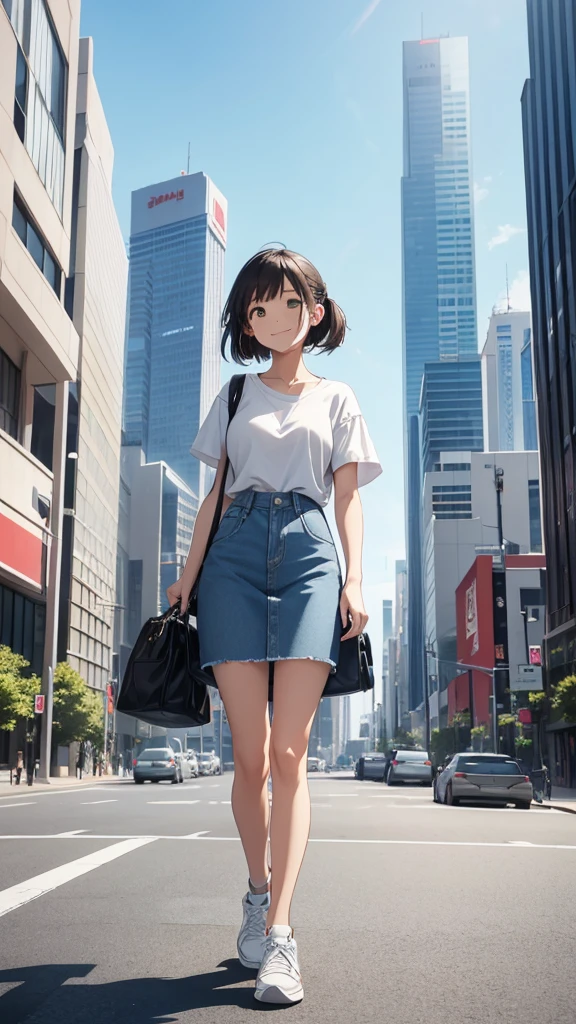 "A full-body photograph of a woman standing outdoors in a modern Japanese city on a sunny day. She is dressed in casual yet refined attire, such as a white T-shirt, a light denim skirt, and simple sneakers. She is not carrying anything and has no bag on her shoulders. The woman is smiling naturally and standing in a relaxed pose. The background features high-rise buildings and contemporary architecture with a clear blue sky overhead. People and cars are moving around, capturing the vibrant energy of the city."