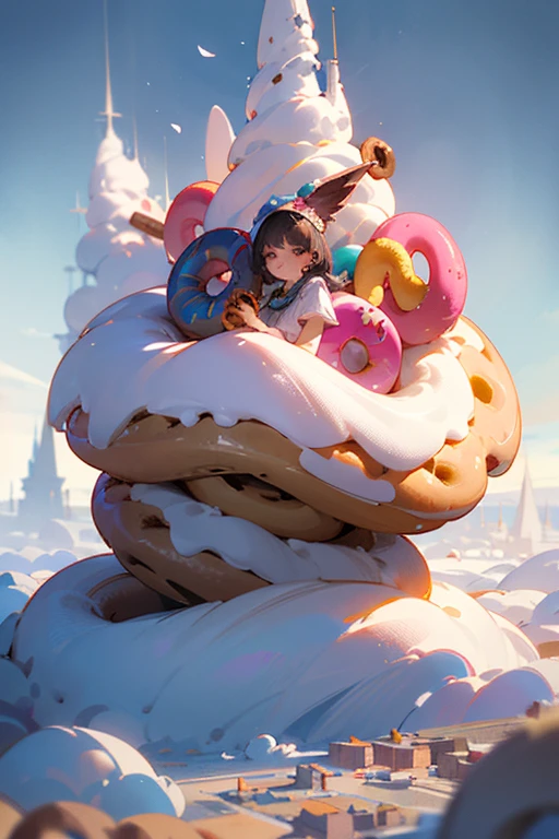a beautiful young woman, eating donut in a fantasy donut world, giant donuts as houses, donut trees, donut mountains, pastel colors, dreamy, ethereal, whimsical, cute, adorable, high quality, 8k, intricate details, magical, photorealistic, volumetric lighting, ambient occlusion, vibrant colors, soft focus, delicate, imaginative, surreal, fantasy landscape, cute and whimsical aesthetic, masterpiece, best quality perfect composition, hyperrealistic, super detailed, 8k, high quality, trending art, trending on artstation, sharp focus, studio photo, intricate details, highly detailed, art by greg rutkowski