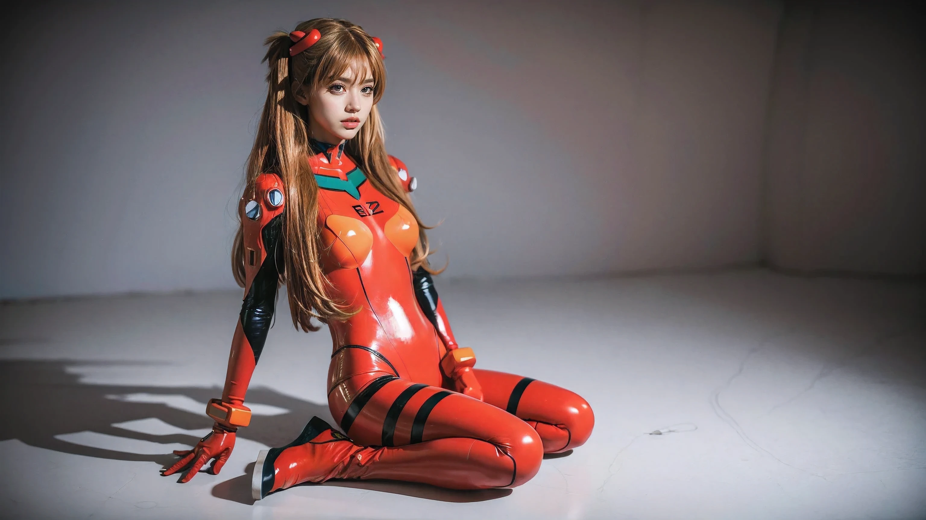 best quality, masterpiece, realistic, photorealistic, 1girl, solo, looking at viewer, full body, kneeling, long hair, asuka cosplay costume, cosplay, plugsuit, bodysuit, hair ornament, simple background, 