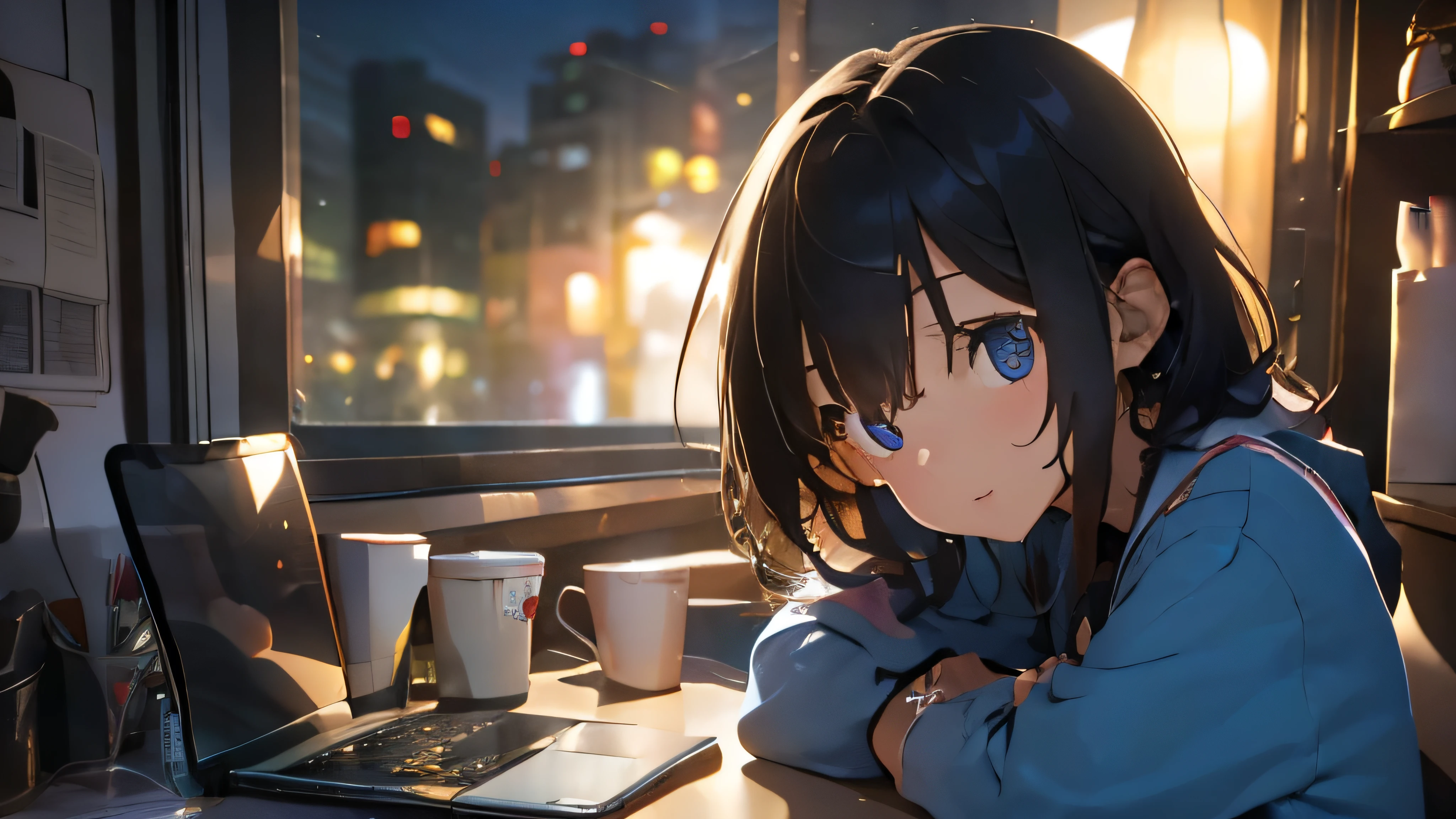 A girl living alone is wearing headphones and using a PC on the desk on the left in a messy room. Coffee, neon lights and late night. The girl on the left is alone. The stars beyond the window are beautiful.