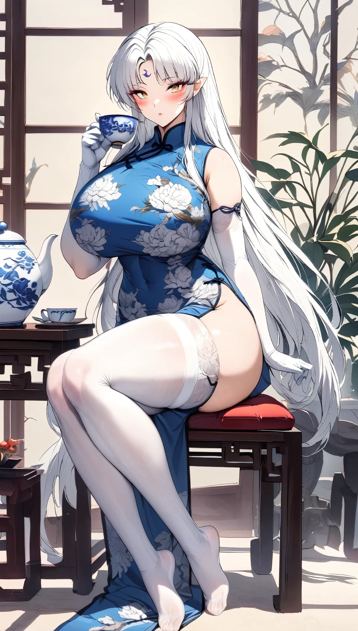 (from side:1.3),side view,masterpiece,best quality,extremely detailed,full body,1girl,Sesshoumaru,sesshoumaru,mature female,detailed beautiful eyes,(scornful eyes),yellow eyes,parted bangs,pointy ears,white hair,very long hair,red facial mark,forehead mark,alternate costume,arm at side,blush,breasts,china dress,chinese clothes,curvy,dress,elbow gloves,bare shoulder,floral print,gloves,(blue and white porcelain gorgeous qipao,blue and white china dress,blue and white chinese clothes,blue and white dress),a china cup,hand up,gigantic breasts,hip vent,holding a china cup,print dress,indoors,(teahouse),holding,red lips,looking at viewer,parted bangs,sleeveless,solo,thick thighs,upturned eyes,5 toes,white thighhighs,wide hips,solo,sitting,leg lift,thick thighs,upturned eyes,white thighhighs,wide hips,