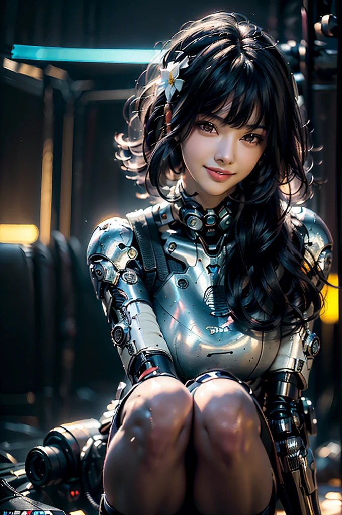 ((((Dark Scene, Modest, Dim lighting, Soft lighting, night)))),
Highest quality, masterpiece, Ultra-high resolution, RAW Photos, beautifully、aesthetic,Deep Shadow, Dark Theme,(Realistic:1.4),
(One girl, smile, (Black hair with bangs, hair ornaments),Black knee socks), Mecha,black and white, cyborg,
(outdoor cyberpunk city)