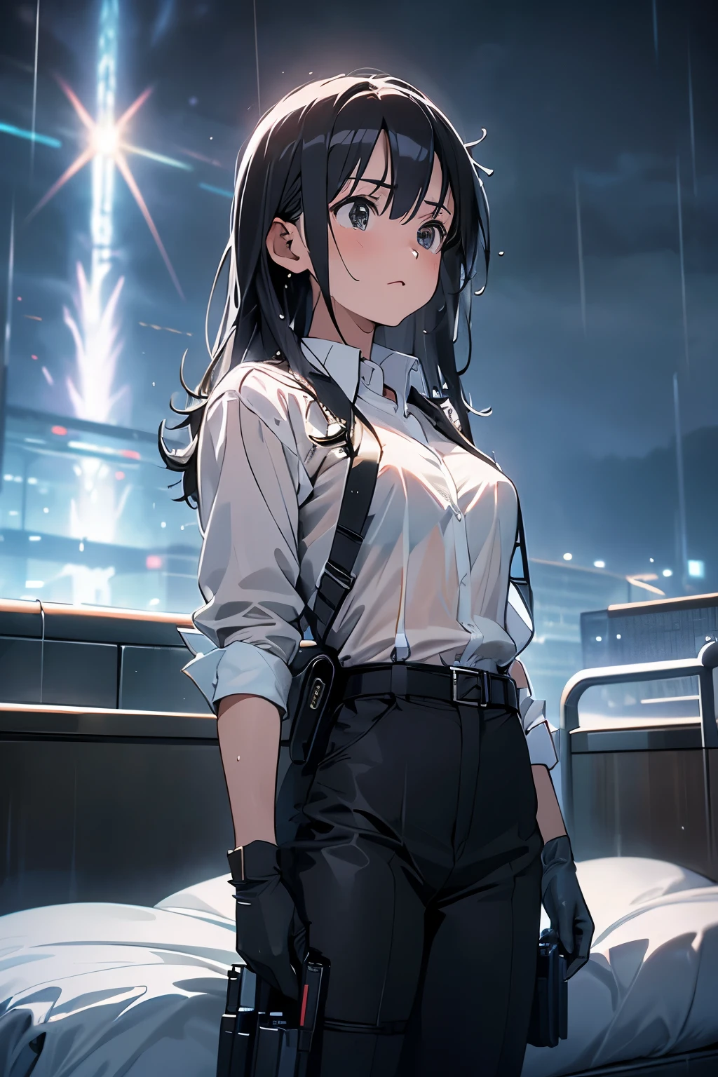 1 female, , high quality, masterpiece, Ultra-high resolution, , Cinema Lighting, , , And the suspenders with the cranes flying Large Breasts Small face holster Lying in bed Looking up Sweat belt summer 脇Sweat Black Hole Gloves suit shirt Black jacket Black trousers Leg Links ズボンにbelt holster Hands behind your back Anxious expression Looking up Anxious face, legs apart Armament Cable ties レッグholster holster See-through clothing heavy rain Getting wet in the rain