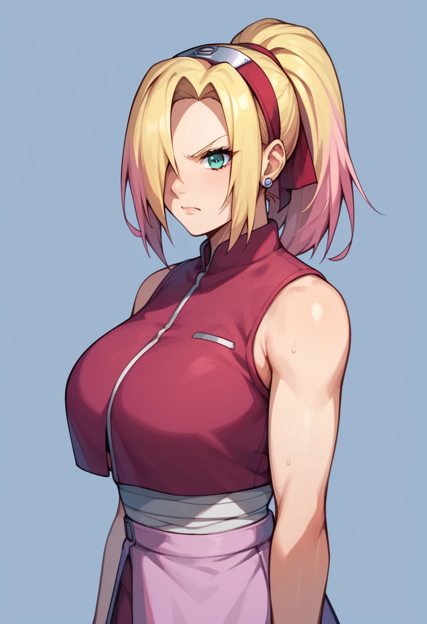 score_9, score_8_up, score_7_up,score_6_up, score_5_up, score_4_up , 1girl, solo, huge breasts, 1girl, haruno sakura, pink hair, short, hair, green eyes, forehead protector, yamanaka ino, blonde hair, hair over one eye, ponytail, hairclip, blue eyes, purple crop top, sleeveless, purple skirt, fishnets, earrings, Hinata Hyuga, long hair, blunt bangs, dark blue hair, light eyes, forehead protector, angry, cowboy shot, simple background