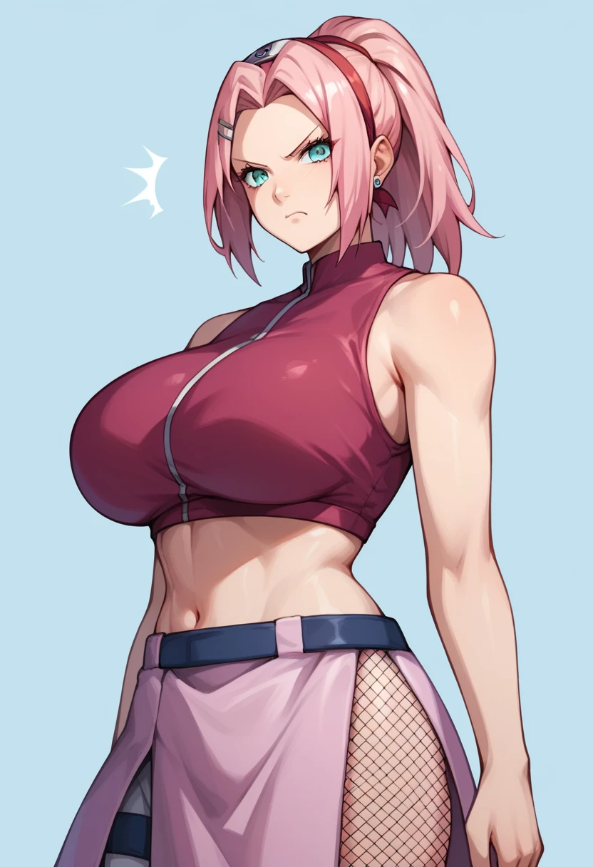 score_9, score_8_up, score_7_up,score_6_up, score_5_up, score_4_up , 1girl, solo, huge breasts, 1girl, haruno sakura, pink hair, short, hair, green eyes, forehead protector, yamanaka ino, blonde hair, hair over one eye, ponytail, hairclip, blue eyes, purple crop top, sleeveless, purple skirt, fishnets, earrings, Hinata Hyuga, long hair, blunt bangs, dark blue hair, light eyes, forehead protector, angry, cowboy shot, simple background