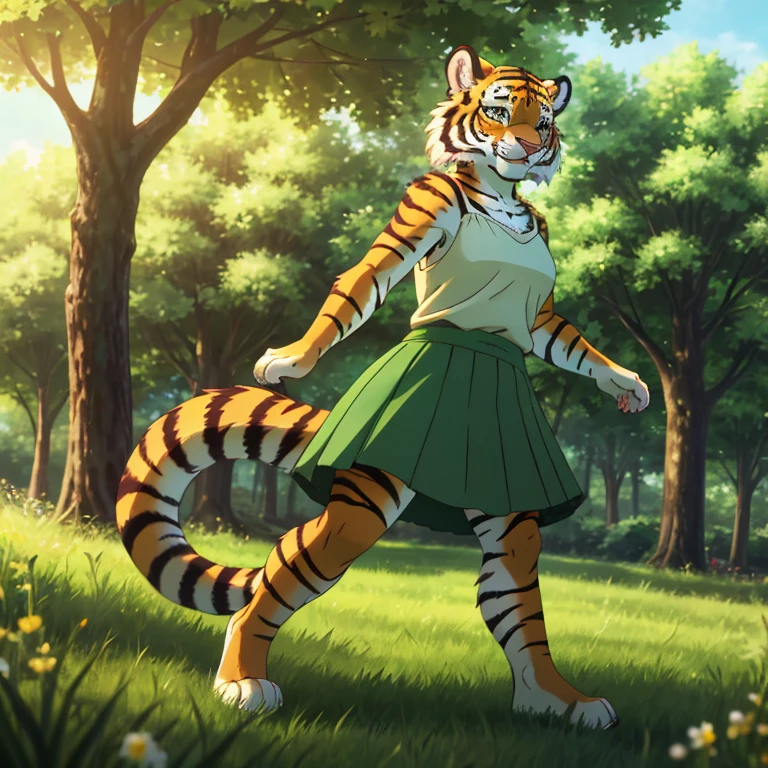 Masterpiece, best quality, high quality, One female furry Tiger, solo, Fluffy fur on her body, Happy expression, wears a Long Green skirt, Play on the green grass, Bite her own tail, Natural soft light, Soft focus filter, Ultra-clear,Hyper-detailing, 8K, in the park, sunny day