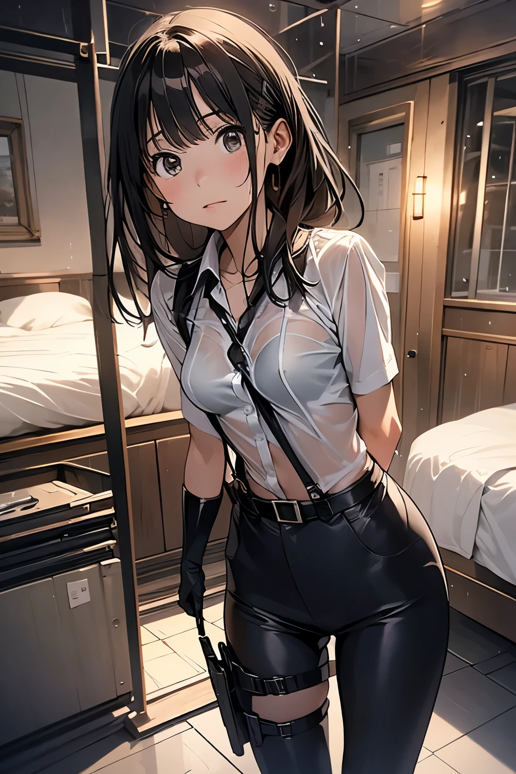 1 female, , high quality, masterpiece, Ultra-high resolution, , Cinema Lighting, , , And the suspenders with the cranes flying Large Breasts Small face holster Lying in bed Looking up Sweat belt summer 脇Sweat Black Hole Gloves suit shirt Black jacket Black trousers Leg Links ズボンにbelt holster Hands behind your back Anxious expression Looking up Anxious face, legs apart Armament Cable ties レッグholster holster See-through clothing heavy rain Getting wet in the rain