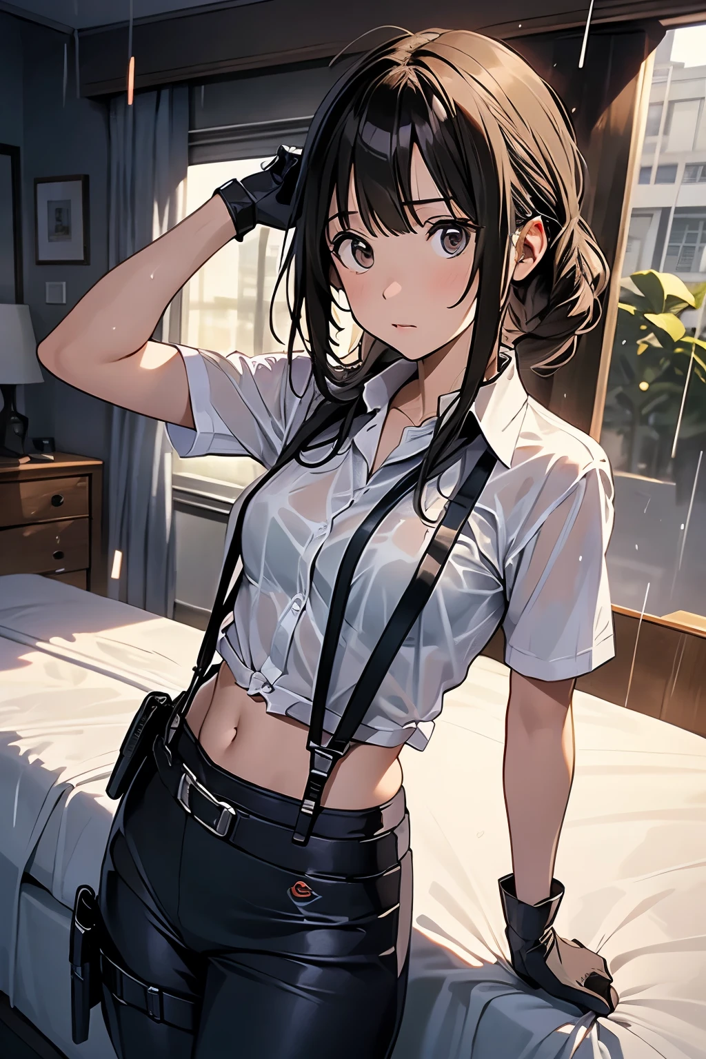 1 female, , high quality, masterpiece, Ultra-high resolution, , Cinema Lighting, , , And the suspenders with the cranes flying　　　Large Breasts　 　 　　　　Small face　 　　　holster　　　　　　　 Lying in bed　Looking up　　　　Sweat 　　　belt　summer　脇Sweat 　Black Hole Gloves　suit　shirt　　Black jacket　 Black trousers　Leg Links　ズボンにbelt　　holster　 　　Hands behind your back　 Anxious expression　Looking up　Anxious face, legs apart　Armament　　Cable ties　レッグholster　holster　See-through clothing　heavy rain　Getting wet in the rain