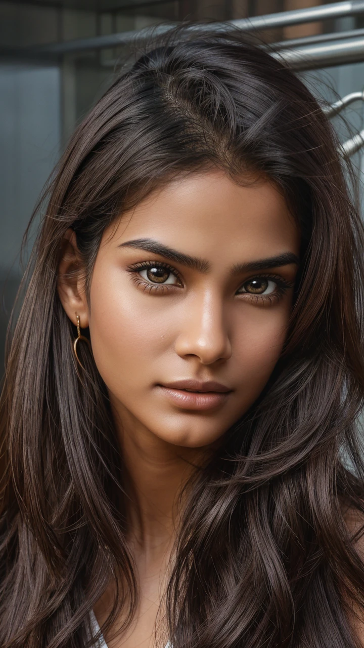 "Design a highly realistic girl model of a 20-year-old Indian individual. The model should have long, flowing hair that appears natural and well-maintained. Ensure the facial features reflect typical Indian characteristics with a warm, lifelike skin tone. The eyes must be black, expressive, and look real, with intricate details in the iris and reflections to enhance their lifelike quality. The model should have a friendly smile and an overall youthful appearance. Pay close attention to details such as skin texture, individual hair strands, and natural expressions to maximize realism. The final model should look convincingly real and be suitable for use in various applications such as virtual environments, avatars, or character designs."