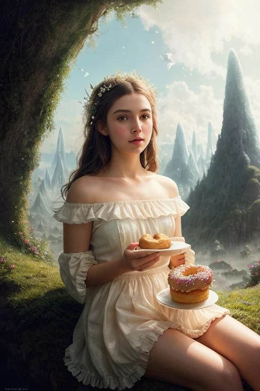 a beautiful young woman, eating donut in a fantasy donut world, giant donuts as houses, donut trees, donut mountains, pastel colors, dreamy, ethereal, whimsical, cute, adorable, high quality, 8k, intricate details, magical, photorealistic, volumetric lighting, ambient occlusion, vibrant colors, soft focus, delicate, imaginative, surreal, fantasy landscape, cute and whimsical aesthetic, masterpiece, best quality perfect composition, hyperrealistic, super detailed, 8k, high quality, trending art, trending on artstation, sharp focus, studio photo, intricate details, highly detailed, art by greg rutkowski