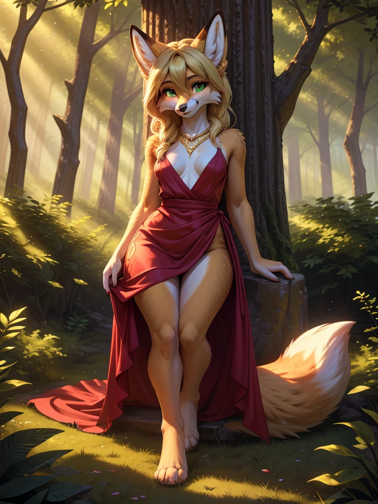 beautiful, (masterpiece), high quality, perfect lighting, Highly detailed CG Unity 8k wallpaper, High resolution, perfect lighting, youthful, adolescent, tall, slim, skinny, frail slender figure, slim legs, distinctly feminine figure, narrow hips, long legs, medium plump breasts, A beautiful fox-girl, with long, luxurious blonde fur that shines in the sunlight. Her hair is wavy and voluminous, with streaks of caramel brown running through it. Her eyes are a striking emerald green, and her expression is one of quiet confidence. She wears a flowing dress made of soft, patterned fabric that showcases her elegant curves. On her feet, she wears simple sandals, and around her neck is a delicate gold necklace with a single sparkling gemstone.
She stands in front of a lush, green forest, the leaves rustling in the breeze.