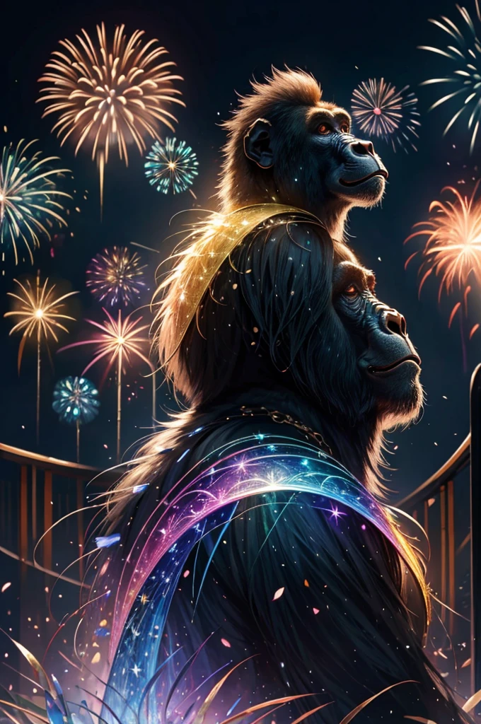 gorilla、King Kong、Rainbow colorsのgorilla、gorillaたちに囲まれて、Mysterious Landscape、firework、firework大会、Rainbow colorsのfireworkが打ちあがっている瞬間、夜nullとともに、幻想的な海景色で壮大なfirework、future都市、Highest quality、masterpiece, (Diffuse reflection of light:1.2), When the fantastic rainbow turns into shadow, bathed in a mystical atmosphere.The whales are watching too, Cast magic spells. evoke a sense of wonder and awe. A fusion of natural grandeur and magic, Weaving dreams into reality. Behold, null, And the unknown, Fleeting、And an eternal moment, 16K, Ultra-high resolution.Realistic, Ultra-high resolution, to be born,future、Rainbow colorsに光り輝く、Rainbow colors、The world 30 years from now。