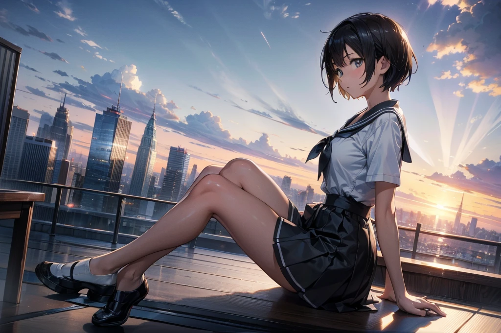 (Masterpiece,Best quality,Ultra high resolution: 1.1),Best Anime Wallpaper Winner,by Makoto Shinkai,realistic,highres,A female student sitting on the rooftop overlooking the city,Side face,((Detail aspect)),Reasonable structure,breasts,(Grey short hair),solo,Sexy figure,Student clothing,(Black and white sailor suit),Looking towards the city,high altitude,urban,Side profile shooting,full body,((fish-eye lens)),super details,afternoon,