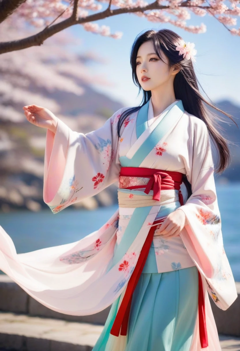 1 girl,black hair, flowing hair, Coast,sight,sight,Cherry Blossom, falling petals, sunlight,divine light,upper body,  color,skirt,kimono