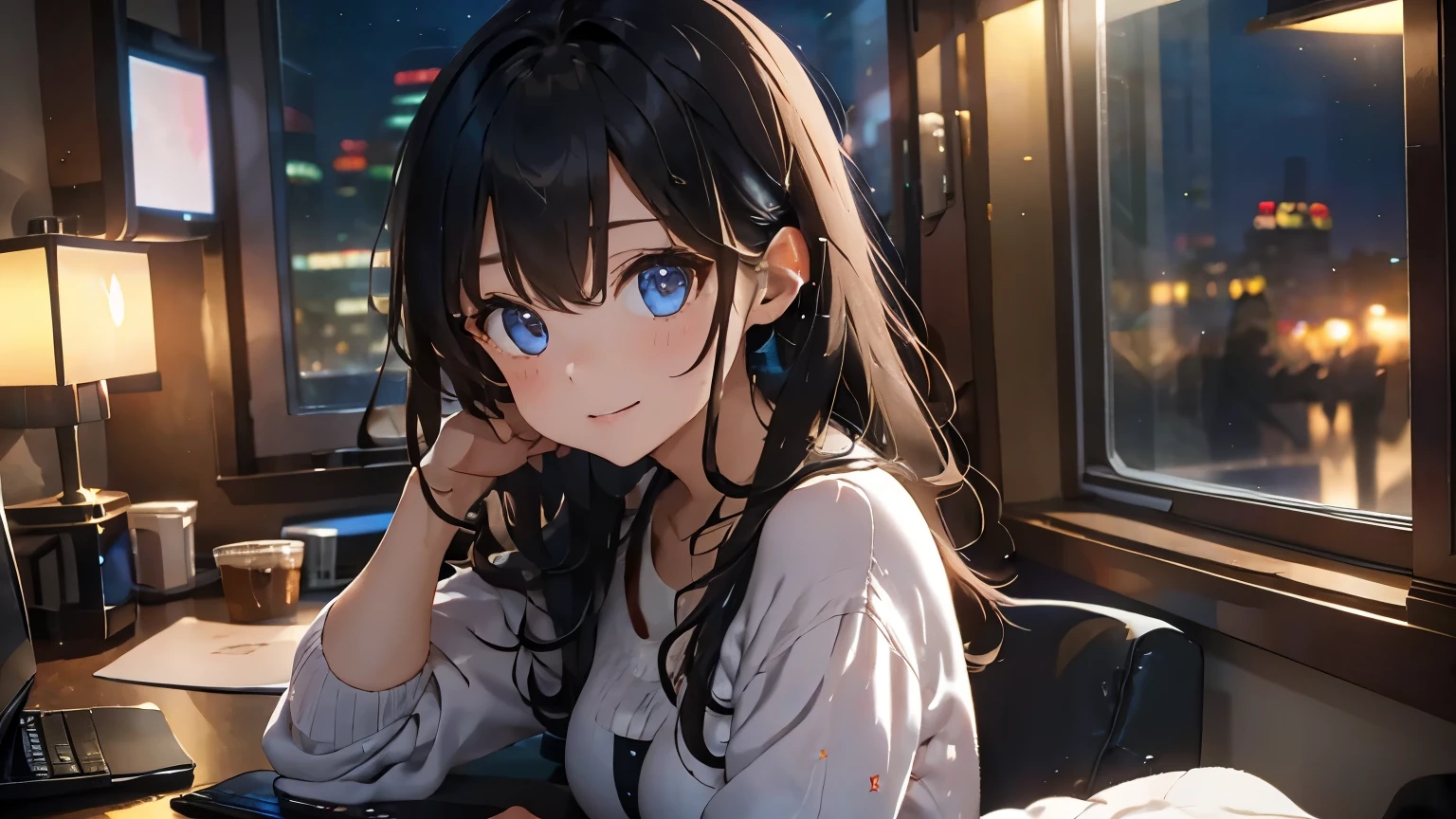 A girl living alone is wearing headphones and using a PC on the desk on the left in a messy room. Coffee, neon lights and late night. The girl on the left is alone. The stars beyond the window are beautiful.