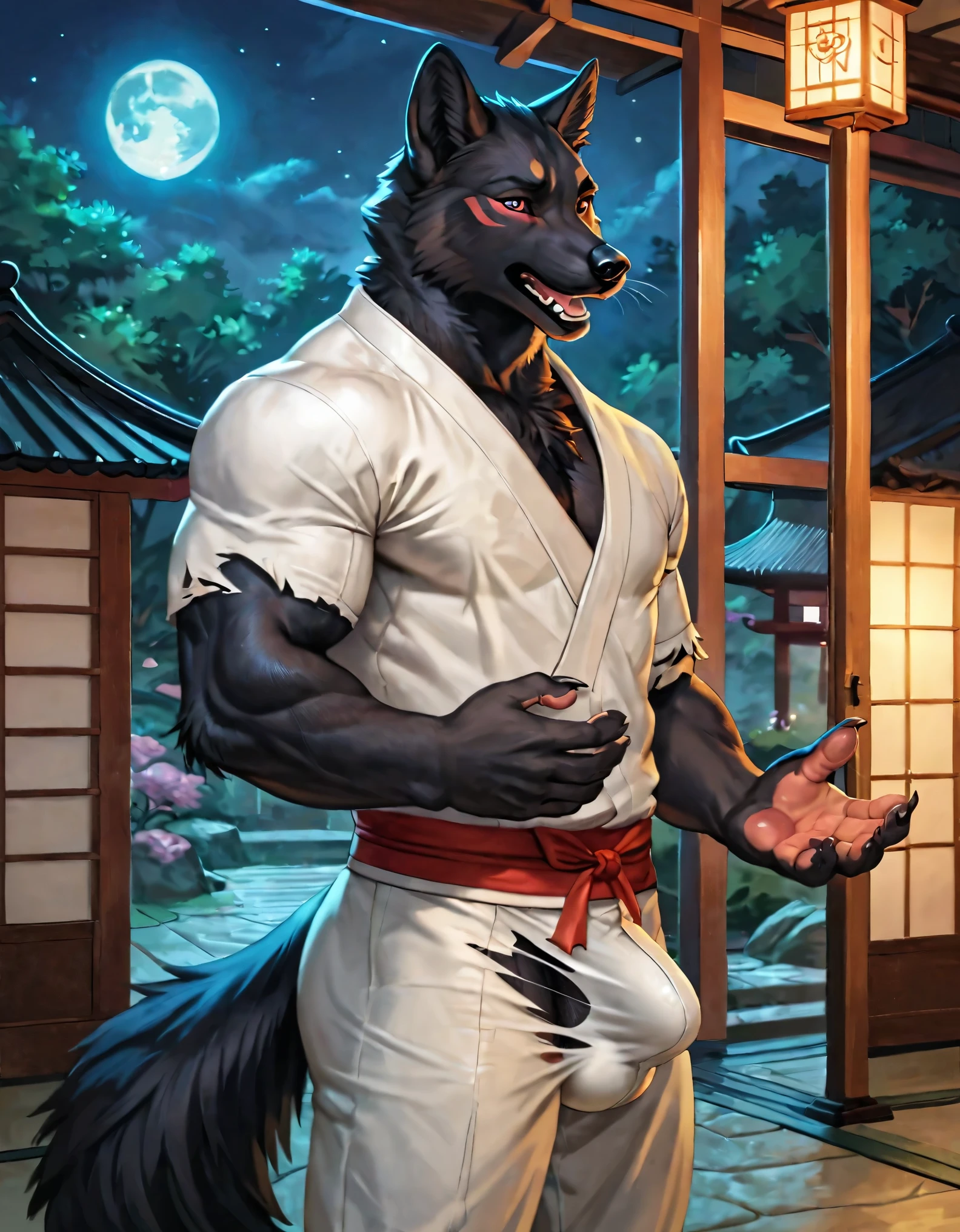score_9, score_8_up, score_7_up, score_6_up, score_5_up, score_4_up, (solo), male anthro black kitsune mid transformation, solo, masterpiece, best art, detailed hands, japanese garden, pleasured expression, night, moon, looking at self, muscular, body hair, snout, side view, torn kimono, black fur,bulge,covered penis,ejacuculation under clothes