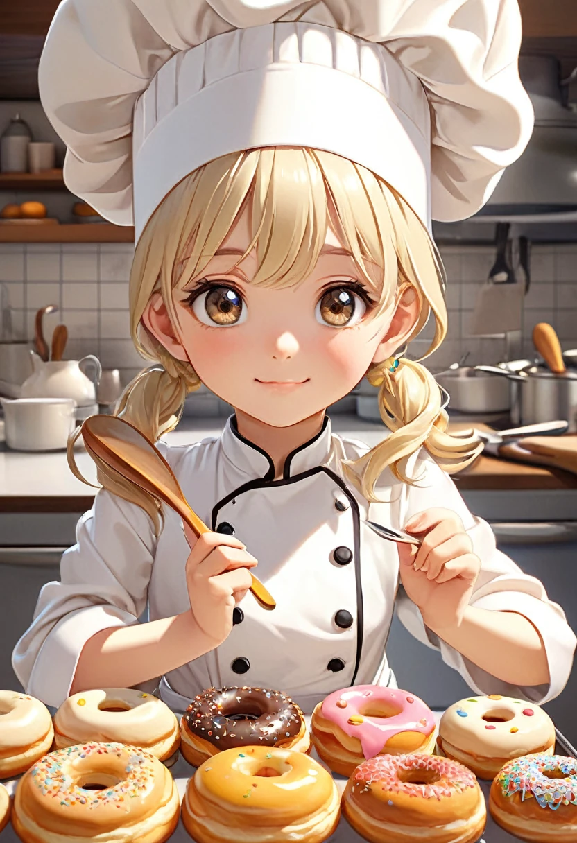 
            Cute and charming pastry chef  girl in front of kitchen with rich pastry utensils (extremely delicate and beautiful), Close-up of bright beige hair anime character wearing white chef uniform and gorgeous chef hat is about to try donuts cute and charming

                                       ( perfect anatomy )Complex patterns light and shadow soft highly detailed structures digital art, high detail, High quality animation style
