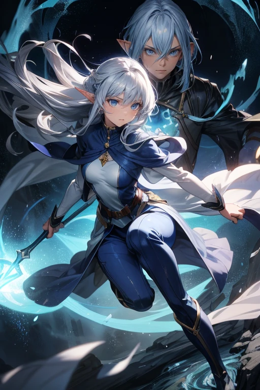 Professor Elowen Mistralight, a 25-year-old elf woman, medium height and delicate elf with silver hair, mysterious and penetrating light blue eyes, He wears a robe with patterns of wind and water, tight light blue fabric pants, long, with navy blue riding boots, the boots reach the knee, a magic wand and castle background, anime style. Individual image of her in full body. He is in action pose. Has one leg raised with the knee bent, His mouth is slightly open as if he had exercised a lot.. He has light skin. She has her hair down and blowing in the wind.. feminine and sexy body.