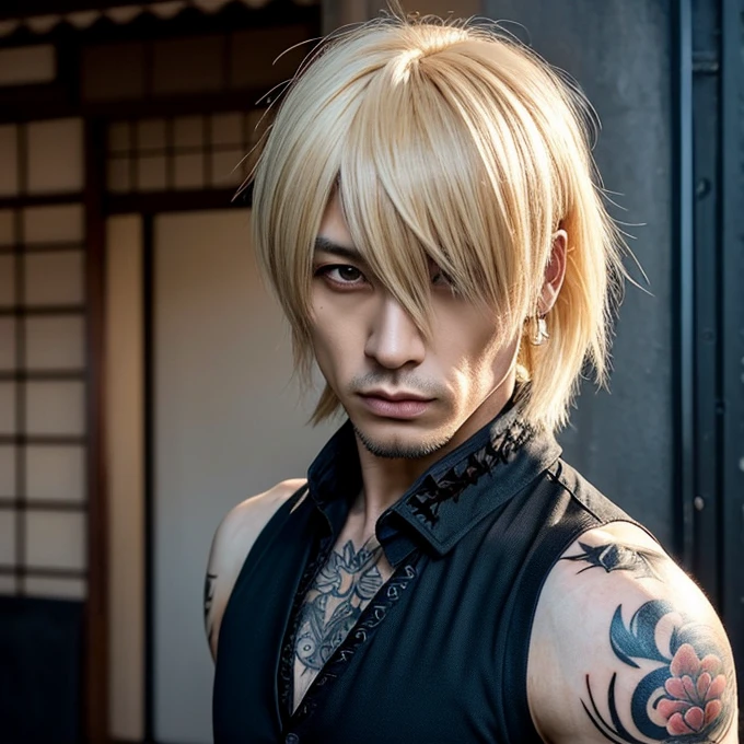 1 man, male, Japanese man, Visual Kai hairstyle, ultra detailed face and body, hyperrealistic, realistic representation, muscular, broad shoulders, tattoos gothic style, Visual Kei style, hairstyle Visual Kei, blond, long hair, 40 years old, age 40, outfit gothic , men's shirt and black pants, Asian eyes, eyes, Visual Kei hairstyle 