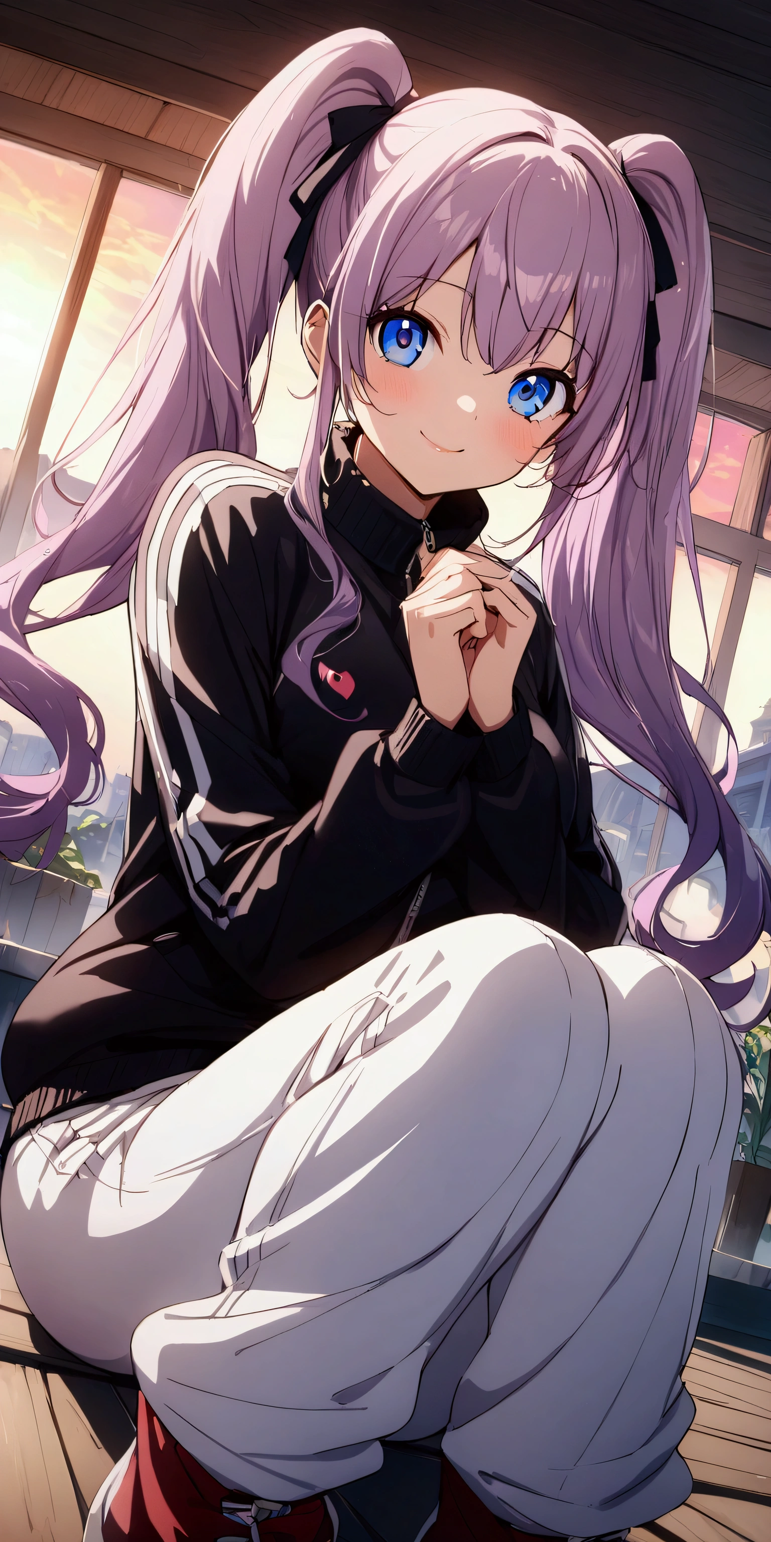 (Highest quality:1.2, 4K, 8k, Studio Anime, Very detailed, up to date, Vibrant, Attention to detail, High Contrast, masterpiece:1.2, Highest quality, Best aesthetics), (((1 girl))), Sit and pose, Purple Hair,Twin tails、Straight hair、Large, round eyes, smile, (beautiful girl: 1.3), Looks about 15 years old、(((Pull your sweatpants down to your knees))), (The jacket is a blue track jacket..: 1.2), Rear view、The sunset is dazzling when you enter the waterway..、Wet、Focus on the very big things, Round and beautifully shaped butt,smile、Dynamic Angle, look up:1.3, Friendly atmosphere, Beautiful Hair, Shiny Hair, Beautiful Skin, Detailed face and eyes, Glossy Lips, Curvy Women, Striking contrast,