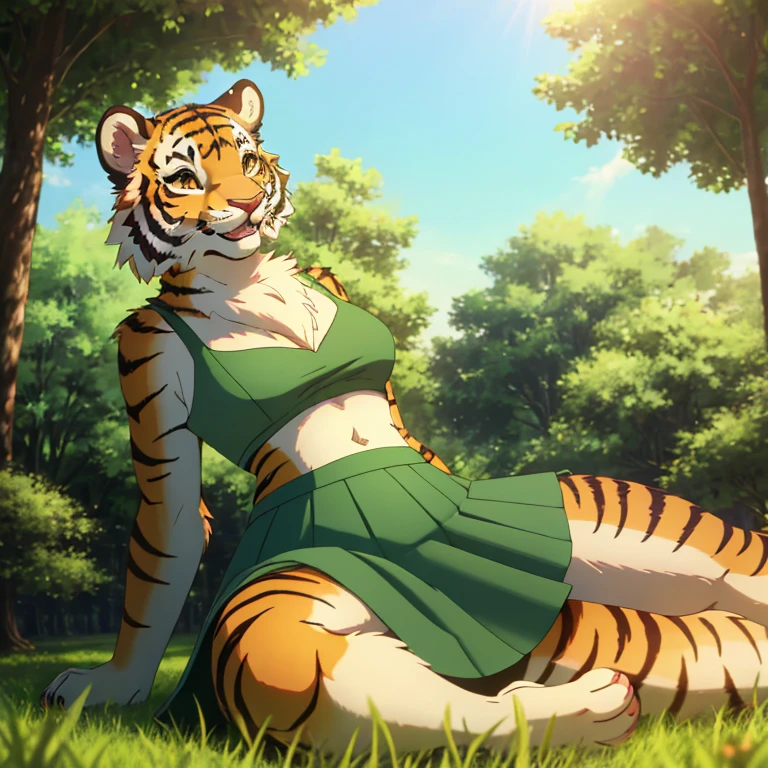 Masterpiece, best quality, high quality, One female furry Tiger, solo, Fluffy fur on her body, Happy expression, wears a Long Green skirt, Play on the green grass, Natural soft light, Soft focus filter, clear, 4K, in the park, sunny day