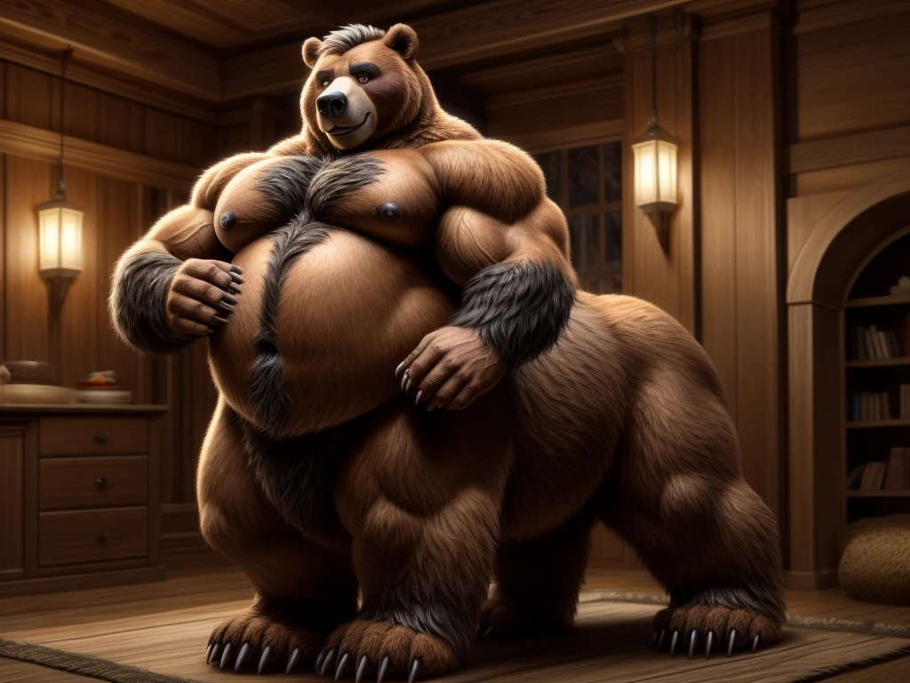 furry, fur taur, huge grizzly bear, beartaur, middle-age, solo,1man, detailed face, bear ears, bear eyes(green), bear nose(black), bear mouth, garibaldi beard(grey), hair, mature hair(grey), detailed arm, thick arm, forearm hair, muscular, thick hands(5 fingers), thick claws, detailed body belly, thick body, brown skin, muscle belly(white), thick chest, chest hair(white), nipples, detailed taur body, thick taur body, waist hair, thick bear paws, bear paws hair, thick bear claws, thick bear tail, bear tail, full body shot, standing in the America