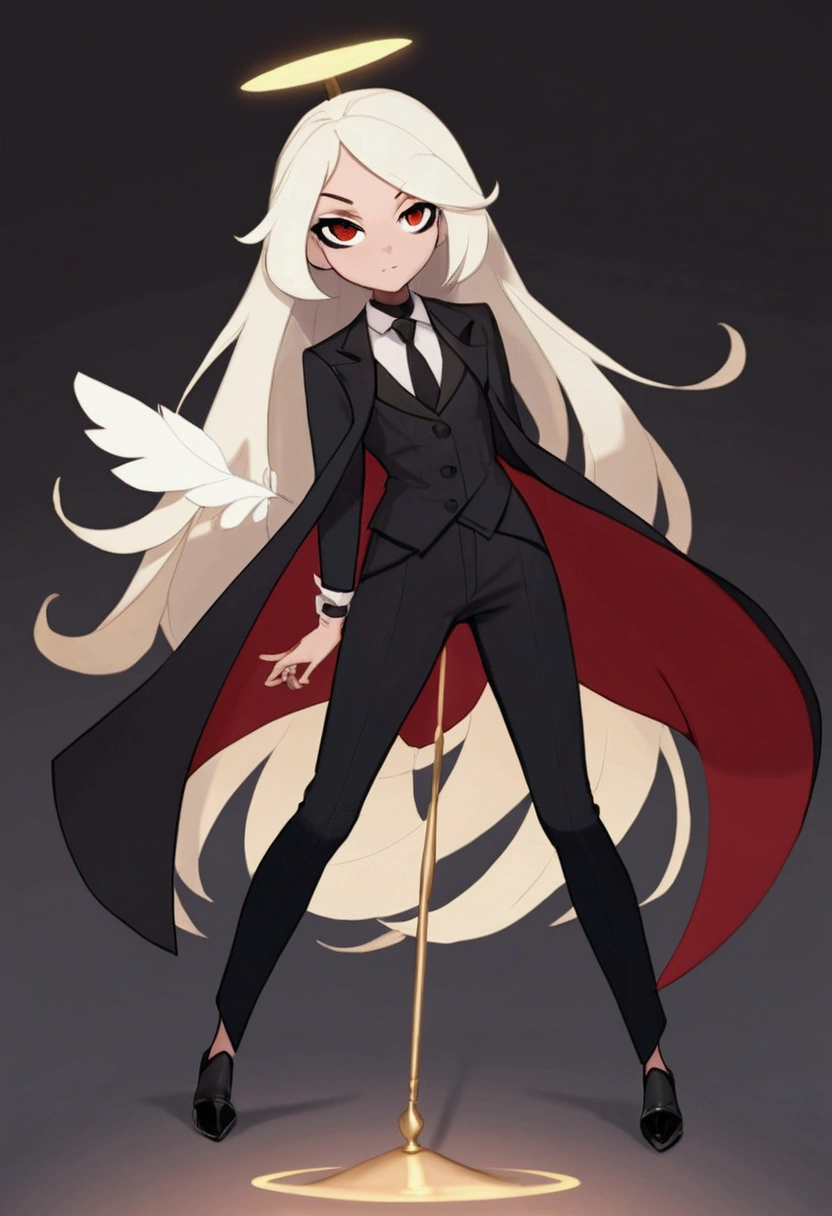 Hazbin hotel style, brown hair, sleek eyes, brown iris,