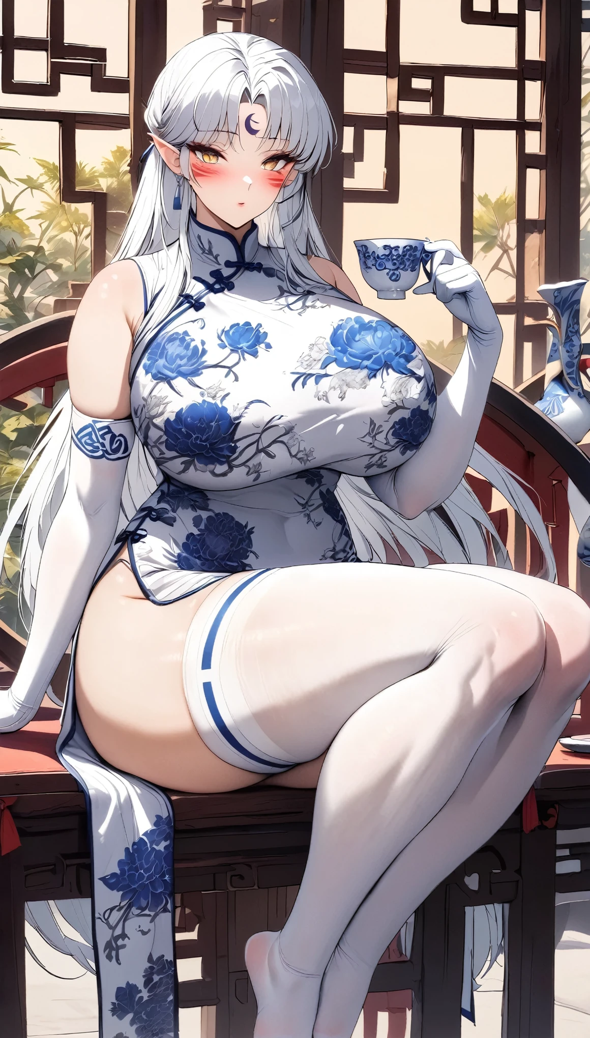 (from side:1.3),side view,masterpiece,best quality,extremely detailed,full body,1girl,Sesshoumaru,sesshoumaru,mature female,detailed beautiful eyes,(scornful eyes),yellow eyes,parted bangs,pointy ears,white hair,very long hair,red facial mark,forehead mark,alternate costume,arm at side,blush,breasts,china dress,chinese clothes,curvy,dress,elbow gloves,bare shoulder,floral print,gloves,(blue and white porcelain gorgeous qipao,blue and white china dress,blue and white chinese clothes,blue and white dress),a china cup,hand up,gigantic breasts,hip vent,holding a china cup,print dress,indoors,(teahouse),holding,red lips,looking at viewer,parted bangs,sleeveless,solo,thick thighs,upturned eyes,5 toes,white thighhighs,wide hips,solo,sitting,leg lift,thick thighs,upturned eyes,white thighhighs,wide hips,