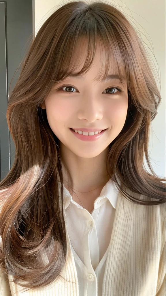 ((Selfie 1.6))((smile1.6))、the front、close - up face、Wavy hair⦅Looking at the camera⦆a blond、With bangs、Best Quality, masuter piece, 超A high resolution, (Photorealistic:1.4), Raw photo, high-level image quality, high-detail, masterpiece、a 18 year old girl、In the apartment