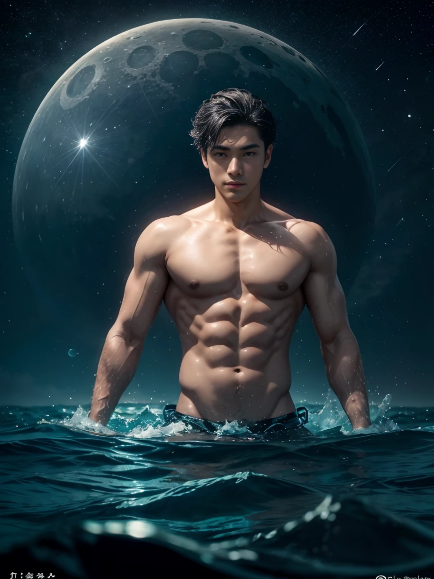 male, In the sea, With half his body submerged in water, Behind the starry sky with the moon at the center