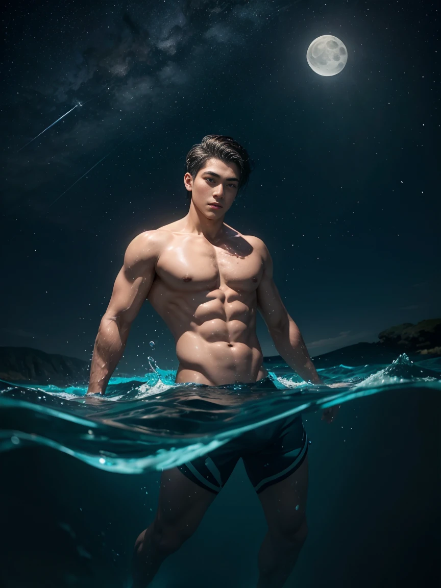 male, In the sea, With half his body submerged in water, Behind the starry sky with the moon at the center