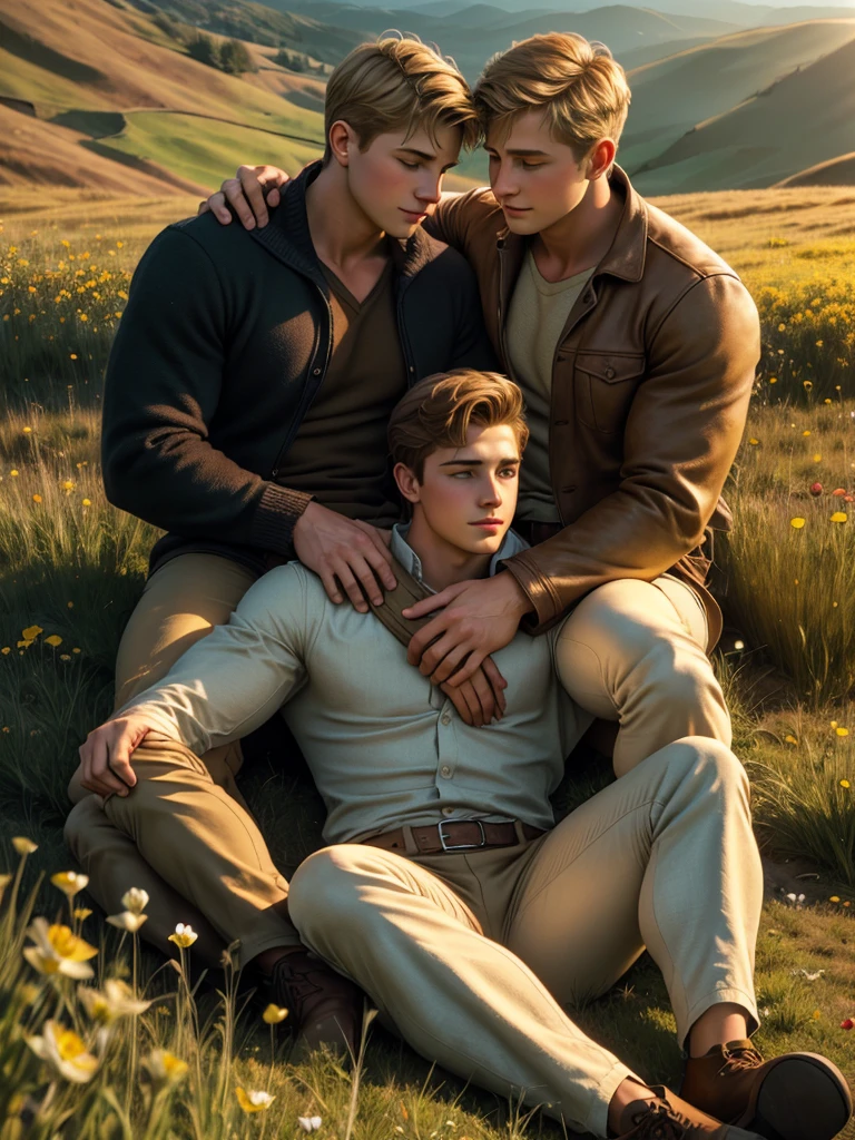 A perfect gay couple of lovers, 2boys, first man dark brown short hair and second man blond hair, dark brown eyes, sitting on the ground, romance fantasy movie, flowers, in the hillside film grain, photorealsitic, soft light, exposure blend, medium shot, realistic illustration,