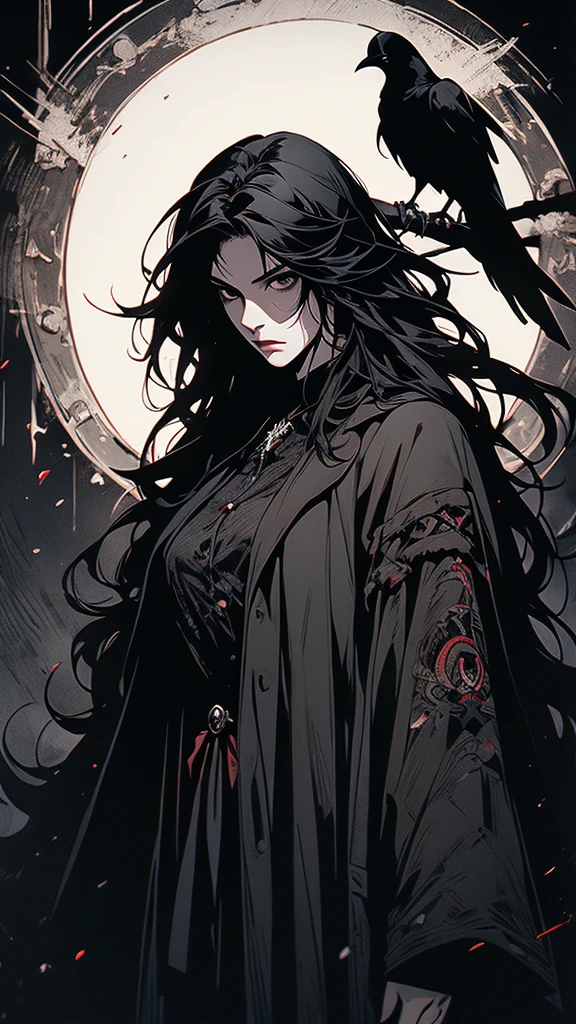 masterpiece,best quality,ultra-detailed,2girl,solo,crow,upper body,dark style,black hair,black clothes,standing,horror theme,dark background