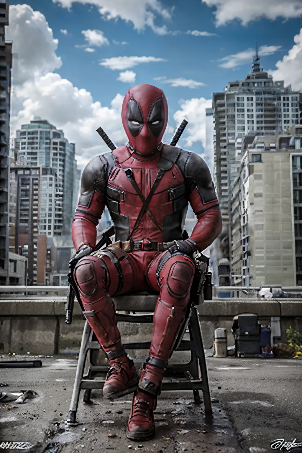 masterpiece, best quality, ultra high res, photorealistic, Deadpool, sitting on a chair, streets, destruction, ruins, dark theme, outdoor, city explosion, bomb, (fire), smoke, 