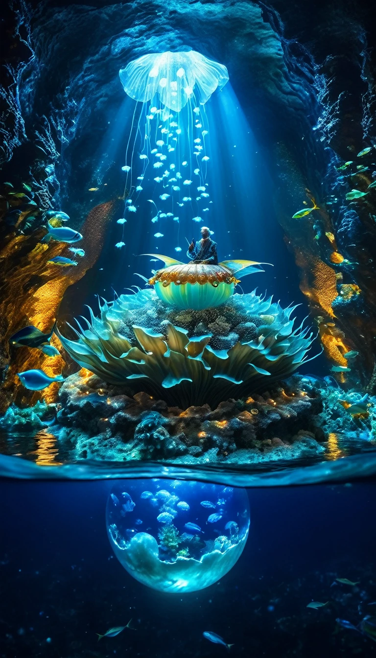A divine dragon king in a meditative pose on a giant pearl, shining serenely and majestically. He is surrounded by glowing jellyfish and schools of sparkling fish, in a deep underwater cave with a surreal atmosphere. Emphasize the mystery and sacredness of the scene, with the soft light shining from the pearl and the luminescent creatures, creating a magical and divine space.