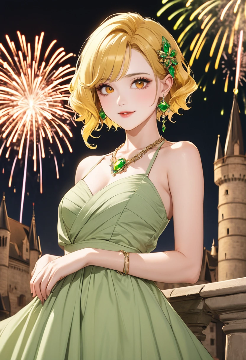 1 female Yellow short wavy hair Yellow eyebrows Orange eyes Socialite debut Beige and green long dress Inside the castle firework hair ornaments Earrings and matching necklace