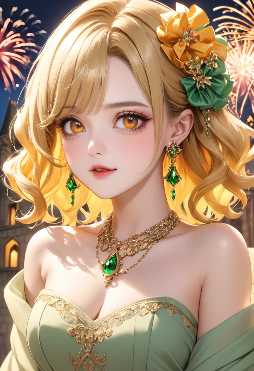 1 female　Yellow short wavy hair　Yellow eyebrows　Orange eyes　Socialite debut　Beige and green long dress　Inside the castle　firework 　hair ornaments　Earrings and matching necklace