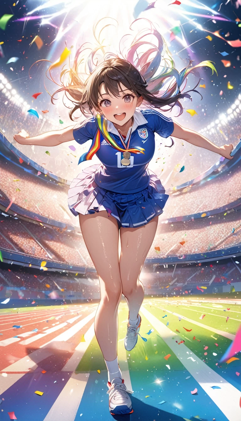 (Sports magazine cover photo), Highest quality, Great quality, 16K, Unbelievably absurd, Very detailed, delicate and dynamic, Natural light, Particles reflect light, Diffuse reflection of light, Lots of rainbow-colored confetti falling, Beautiful stadium, Shining Sun, Diffuse reflection of light, Create amazing image effects, , Wet, sweating, Awards ceremony, Receive a donut-shaped medal, close(Cute sexy girl, huge bouncing busts, Sensual expression, Cool girl, smile, move, dynamic, National team uniforms, A donut-shaped medal around his neck, Biting into a donut-shaped medal,audience , much-air-laden cheer)