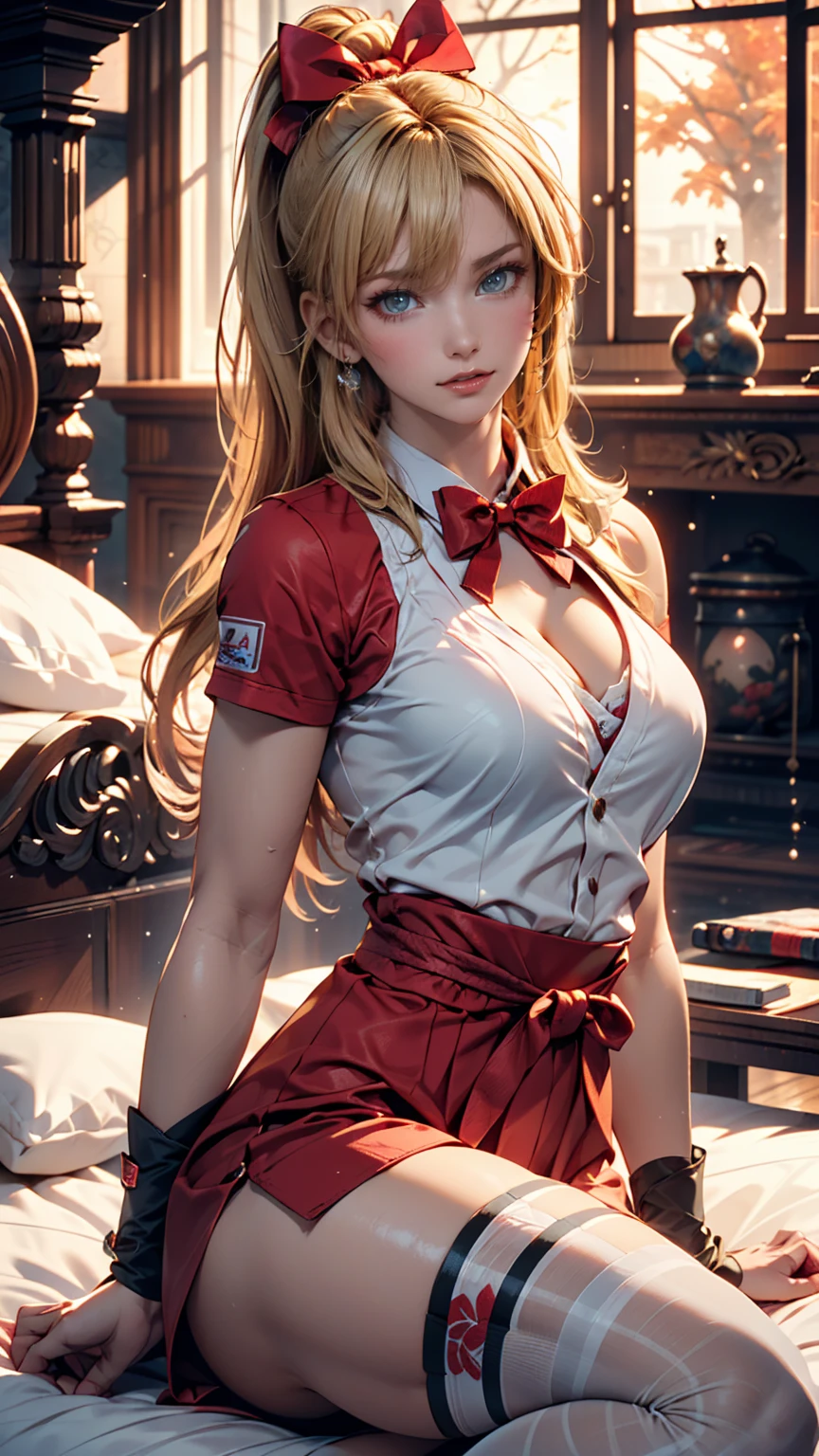 masterpiece, Ultra-high-definition CG, Highest quality, Perfect photo, alone, Lydia Sobieska (Iron fist, Blonde hair in a high ponytail, blue eyes, Red Hair Bow, strong), Wearing a sexy karate uniform, Sit on the bed, Turn to the side, blush, Show your shoulders, In a European mansion
