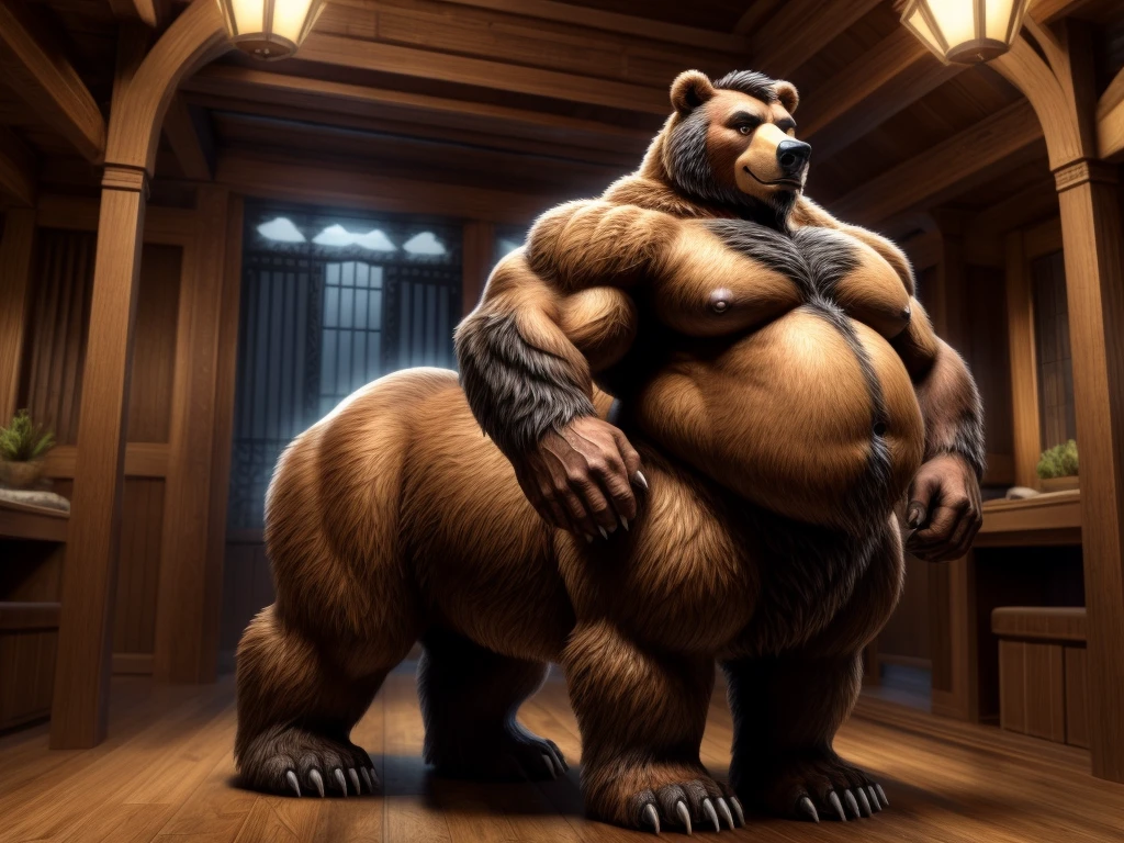 furry, fur taur, huge grizzly bear, beartaur, middle-age, solo,1man, detailed face, bear ears, bear eyes(green), bear nose(black), bear mouth, garibaldi beard(grey), hair, mature hair(grey), detailed arm, thick arm, forearm hair, muscular, thick hands(5 fingers), thick claws, detailed body belly, thick body, brown skin, muscle belly(white), thick chest, chest hair(white), nipples, detailed taur body, thick taur body, waist hair, thick bear paws, bear paws hair, thick bear claws, thick bear tail, bear tail, full body shot, standing in the Asia
