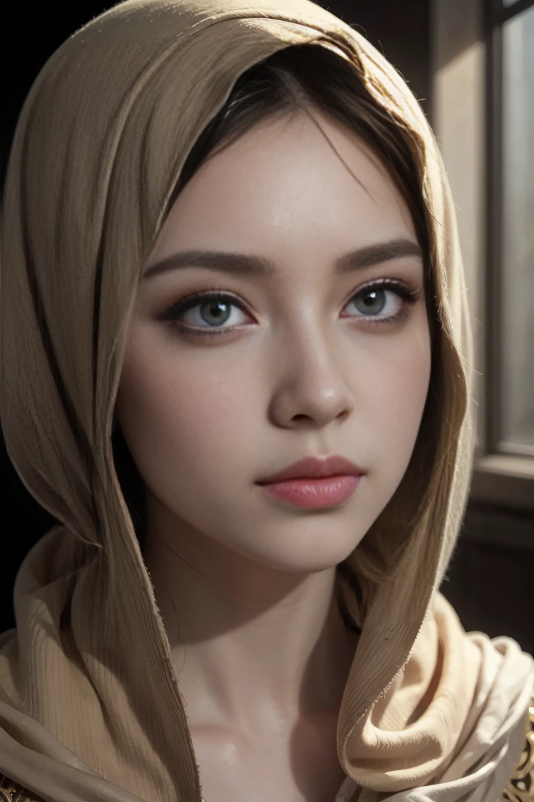 intricate hijab, beautiful detailed eyes, beautiful detailed lips, extremely detailed face, longeyelashes, elegant hijab, serene expression, soft skin, delicate features, intricate patterns on hijab, radiant skin tone, dramatic lighting, cinematic composition, dramatic lighting, chiaroscuro lighting, dramatic color palette, painterly style, oil painting, masterpiece