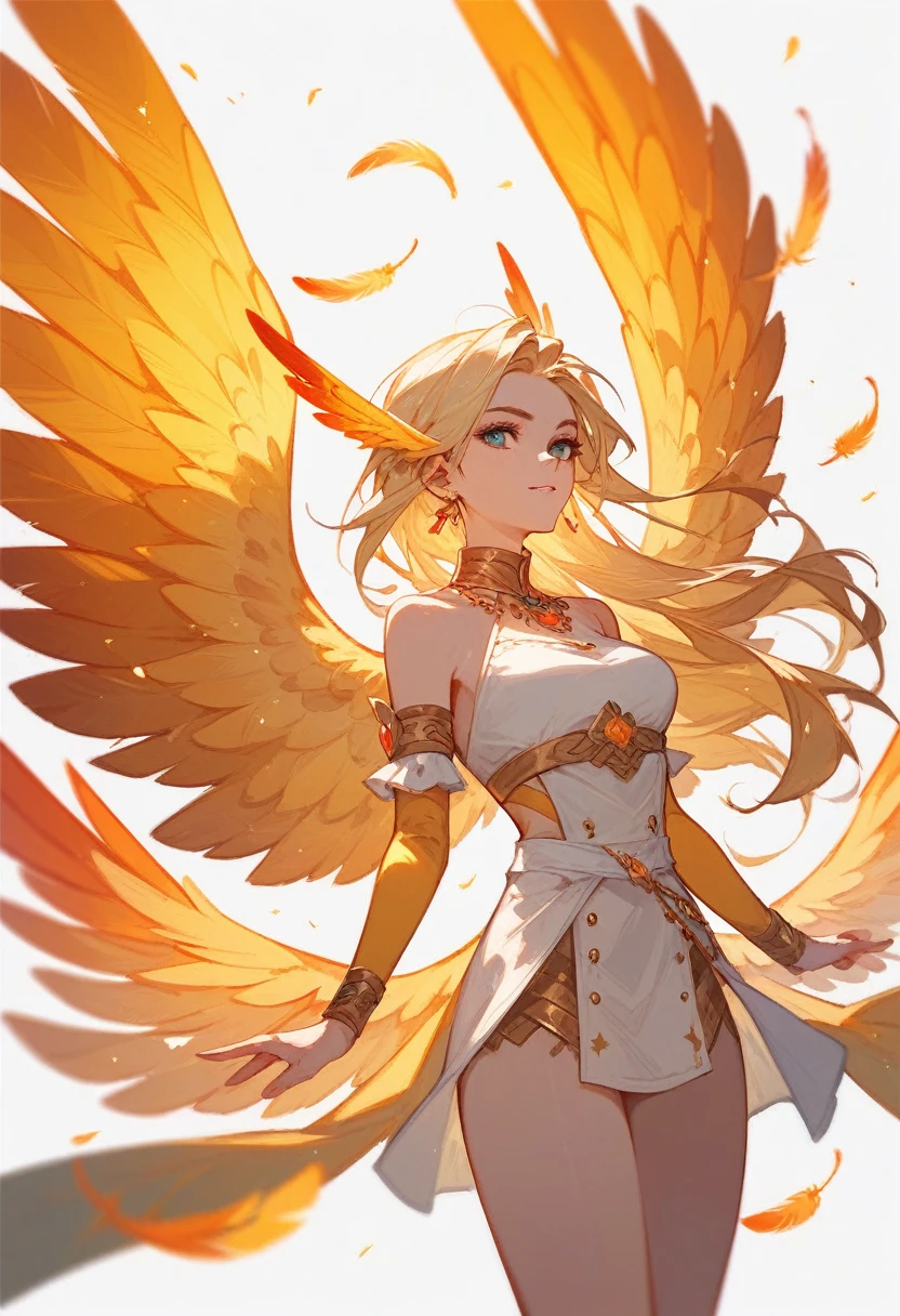 (Fraction_9,Fraction_8_Direction_7_up),1 Girl,A blonde woman in white, With blazing golden wings, The girl with blazing golden wings is covered with feathers,