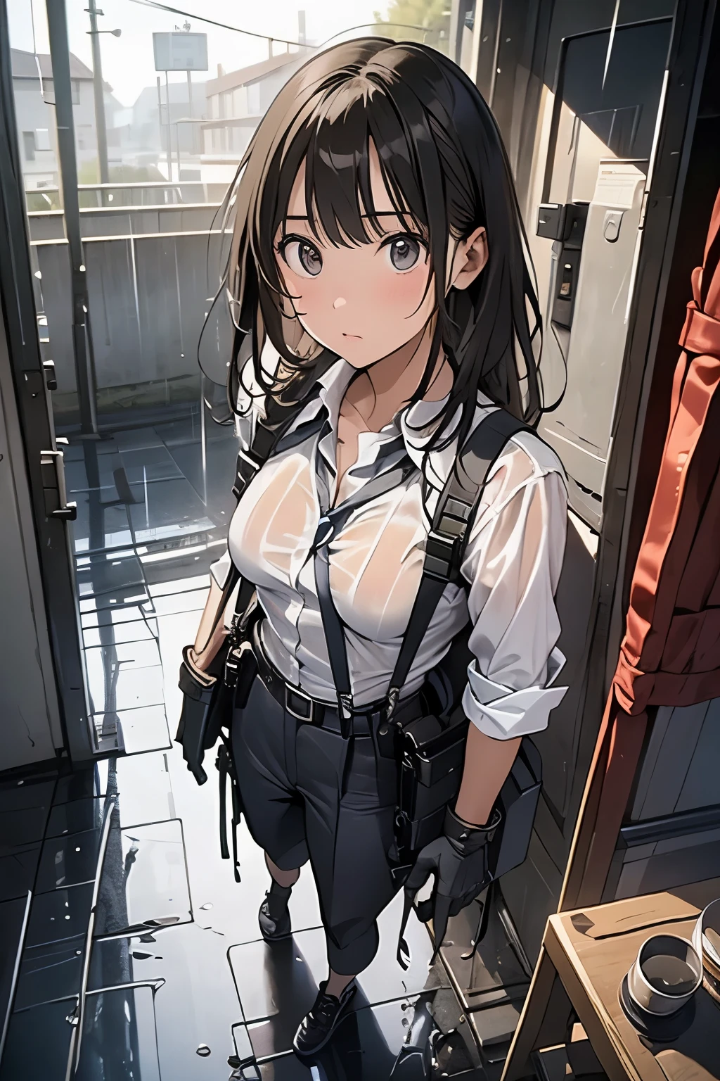 1 female, , high quality, masterpiece, Ultra-high resolution, , Cinema Lighting, , , And the suspenders with the cranes flying Large Breasts Small face holster Lying in bed Looking up Sweat belt summer 脇Sweat Black Hole Gloves suit shirt Black jacket Black trousers Leg Links ズボンにbelt holster Hands behind your back Anxious expression Looking up Anxious face, legs apart Armament Cable ties レッグholster holster See-through clothing heavy rain Getting wet in the rain
