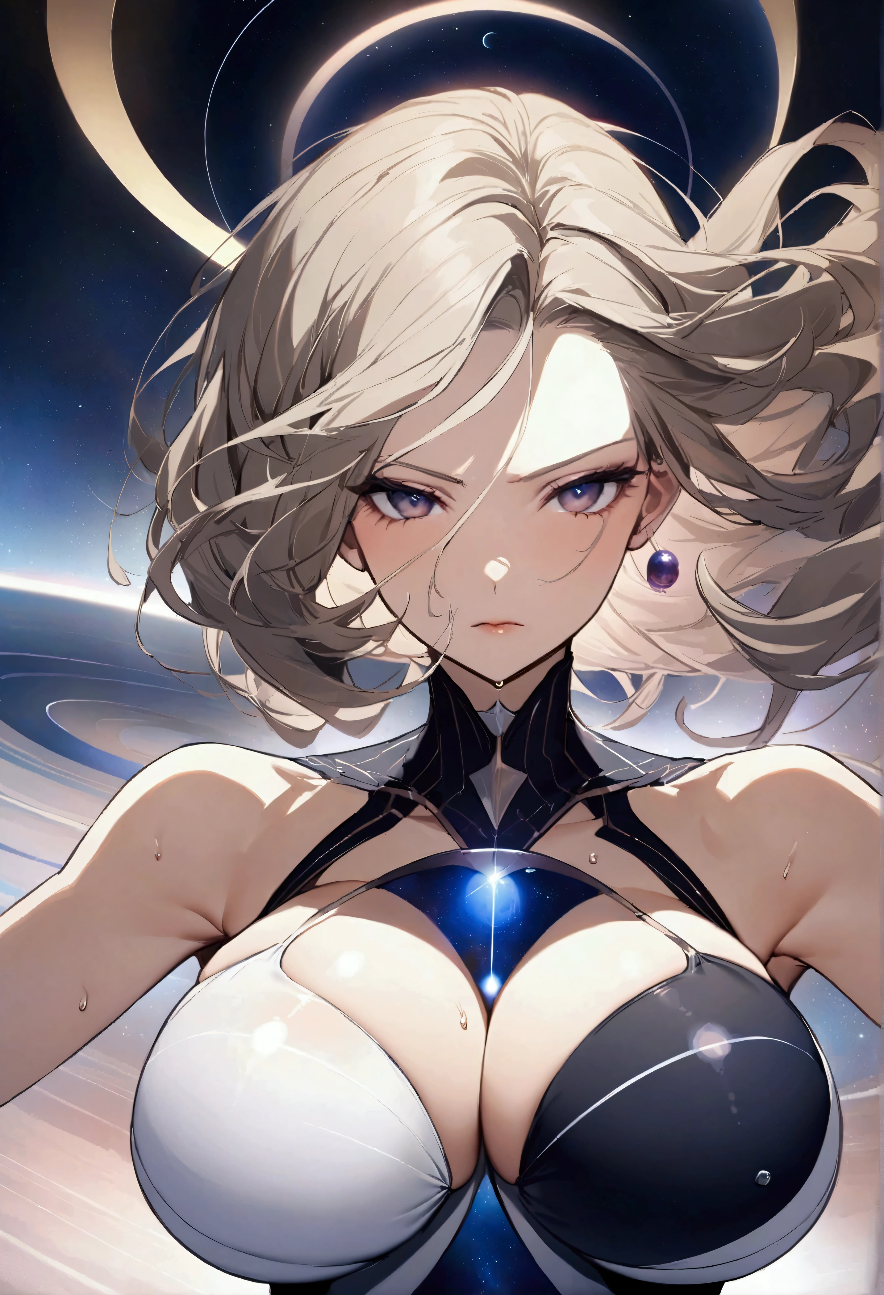 (Science Cover Photo), Highest quality, Great quality, 16K, Unbelievably absurd, Very detailed, delicate and dynamic, universe, The particles reflect light, Diffuse reflection of light, , Saturn,, Diffuse reflection of light, Create amazing image effects,, sweating, universe遊泳, Close-up(Cute sexy girl, big bouncing busts, Sensual expression, Cool girl, Serious, passion, Dynamic, 派手なuniverse服, Saturn, Saturnの環, Saturnを両手で捕まえる. Saturnの環をかじる)