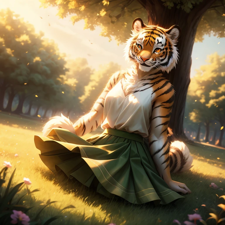 Masterpiece, best quality, high quality, One female furry Tiger, solo, Fluffy fur on her body, Happy expression, wears a Long Green skirt, Orange eyes, Play on the green grass, Natural soft light, Soft focus filter, clear, 4K, in the park, sunny day