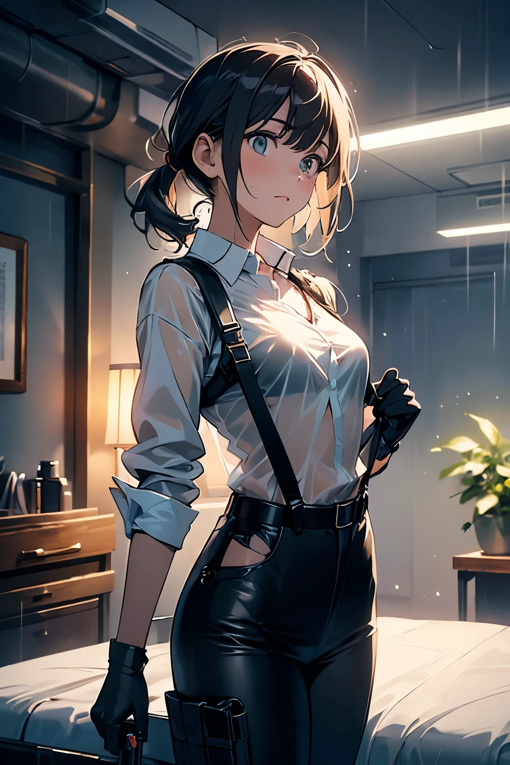 1 female, , high quality, masterpiece, Ultra-high resolution, , Cinema Lighting, , , And the suspenders with the cranes flying　　　Large Breasts　 　 　　　　Small face　 　　　holster　　　　　　　 Lying in bed　Looking up　　　　Sweat 　　　belt　summer　脇Sweat 　Black Hole Gloves　suit　shirt　　Black jacket　 Black trousers　Leg Links　ズボンにbelt　　holster　 　　Hands behind your back　 Anxious expression　Looking up　Anxious face, legs apart　Armament　　Cable ties　レッグholster　holster　See-through clothing　heavy rain　Getting wet in the rain