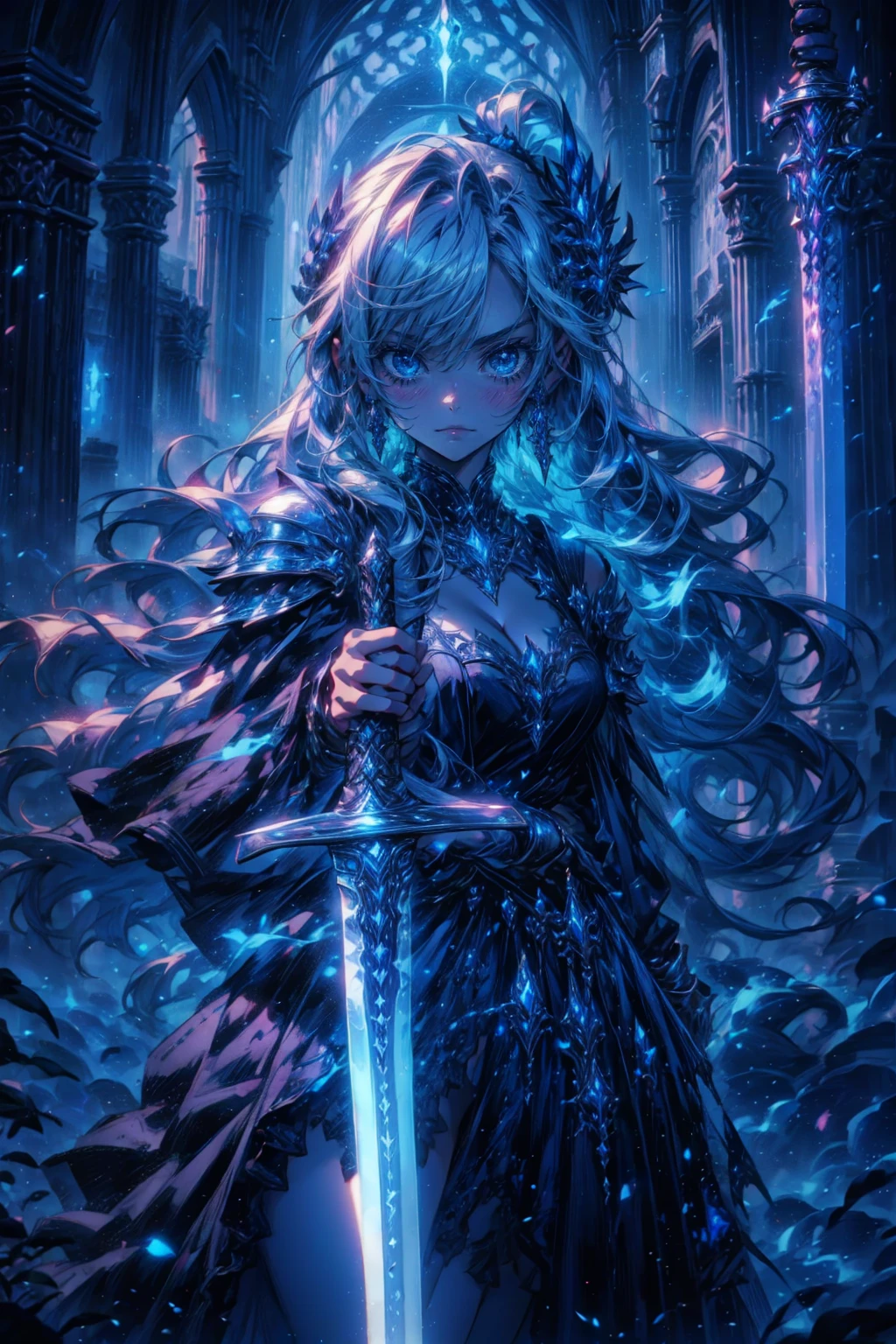 1girl,solo,cool,cleavage,dress,she holding sword,she is warrior,knight